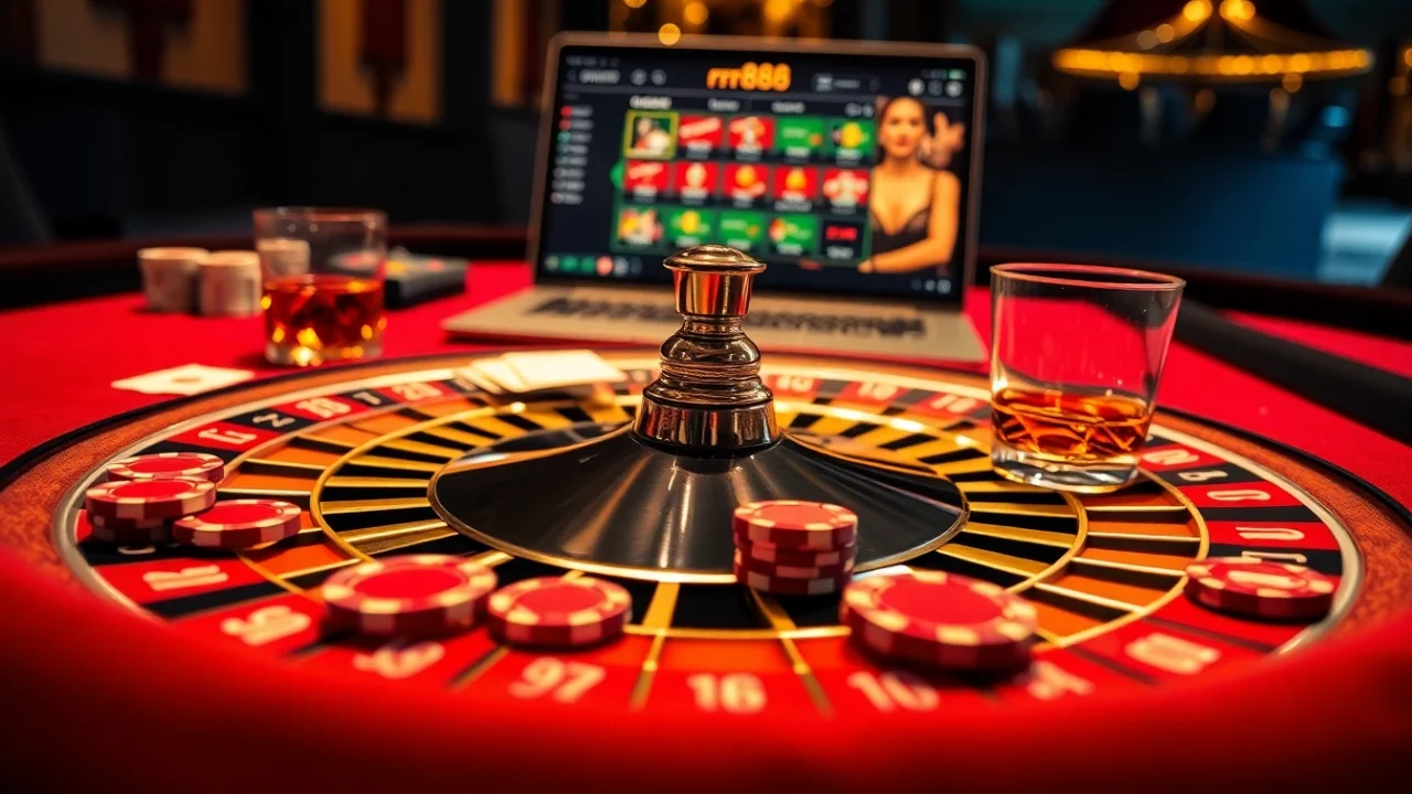 Experience thrilling gameplay at RR88 with a roulette table and poker chips in a luxurious casino setting.