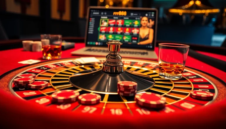 Experience thrilling gameplay at RR88 with a roulette table and poker chips in a luxurious casino setting.
