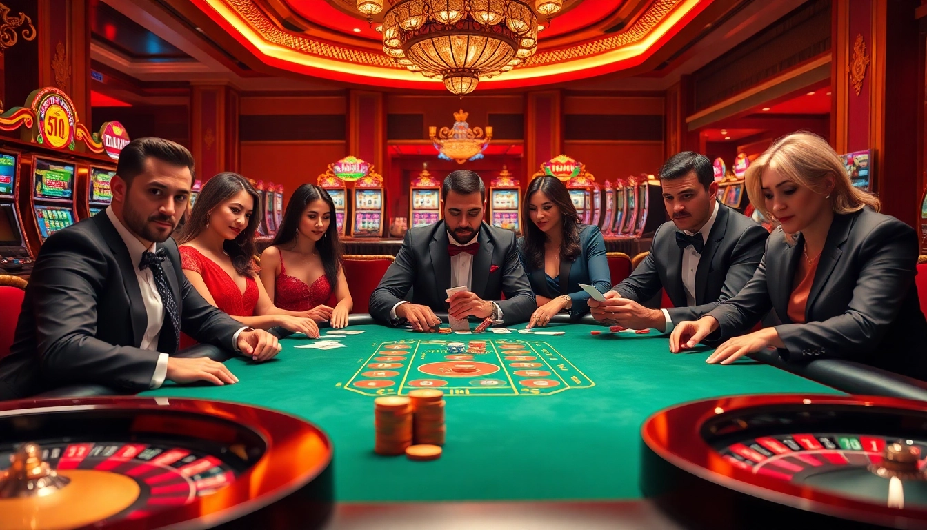 Experience the thrill of casino gaming with s8.com as players engage at a dynamic poker table surrounded by flashing slot machines.