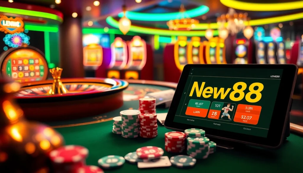 Experience exciting gameplay at https://vnew88.vip/ with vibrant casino elements like poker chips and roulette wheels.