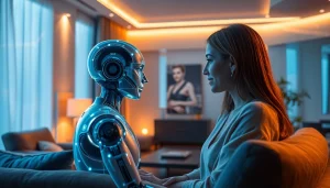 Engaging interaction with a digital companion in a futuristic setting for sex ai exploration.