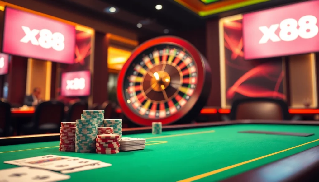 Players engaging in high-stakes poker at the xx88 casino table with vibrant colors and excitement.