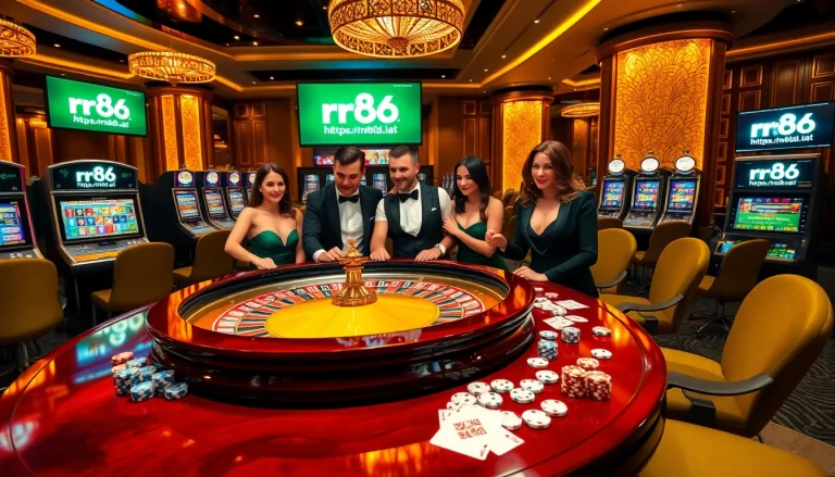 Players enjoying thrilling games at the luxurious RR88 online casino, featuring roulette and slot machines.