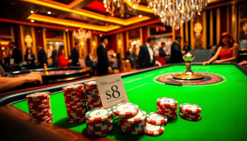 Engaging poker players at a luxurious casino table with s8 branded betting slips.