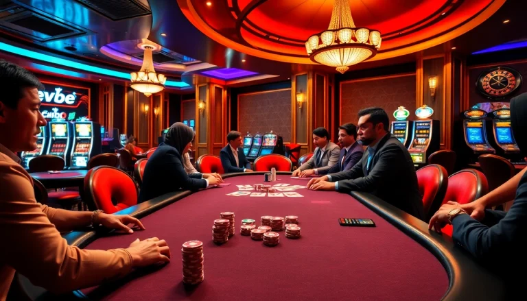 Players engage in a thrilling game at the EV88 casino table with vibrant casino elements.