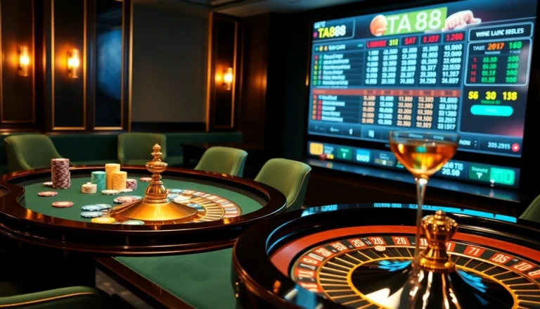 Players engage in high-stakes poker at TA88's glamorous online casino with vibrant atmosphere.