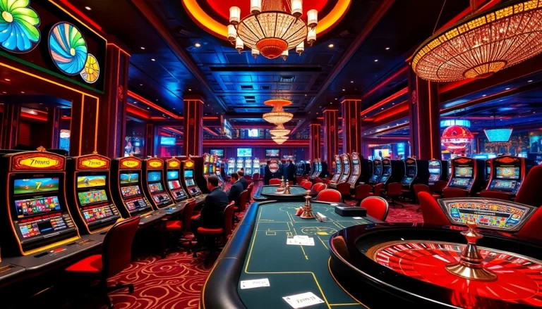 Experience thrilling gameplay at a luxurious casino with 7mcn-themed poker chips and vibrant slot machines.