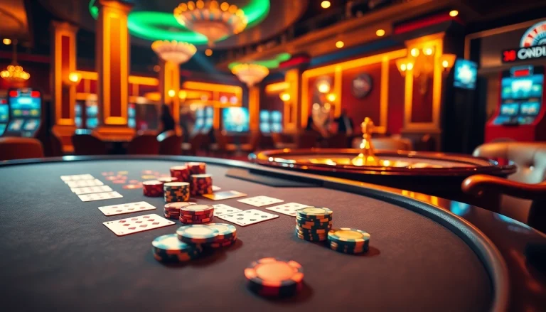 KJC showcases an exciting casino atmosphere with blackjack tables, glowing chips, and digital interfaces.