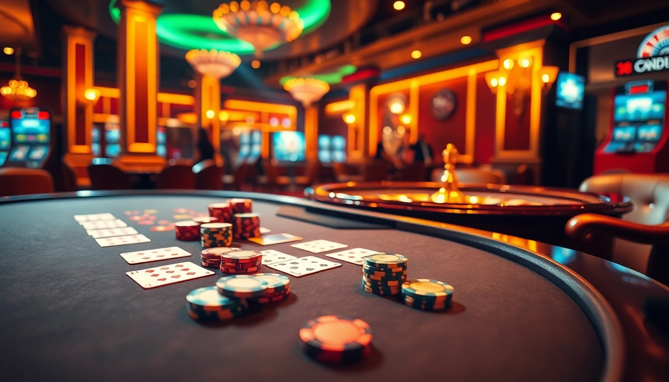 KJC showcases an exciting casino atmosphere with blackjack tables, glowing chips, and digital interfaces.