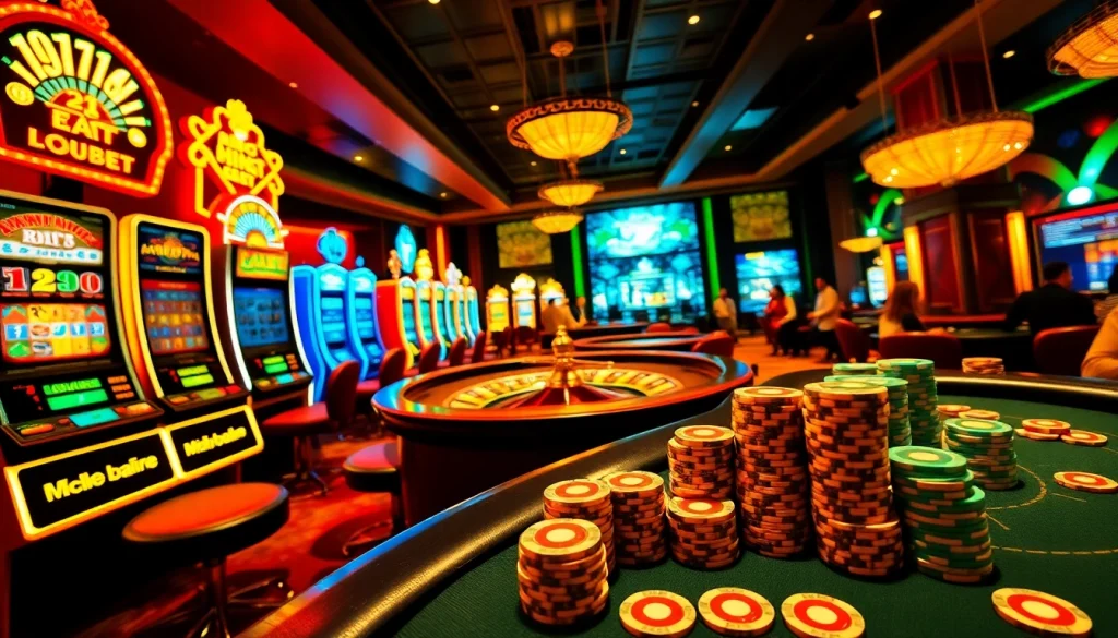 Engaging players at Hi88bet with vibrant casino tables, chips, and lively atmosphere.