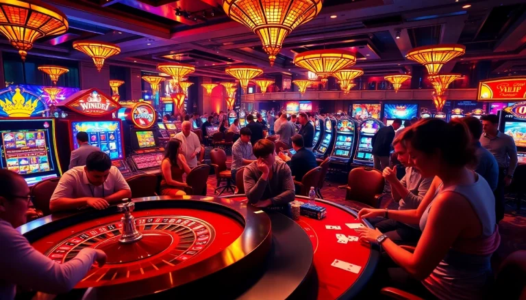 Excited players celebrate a win at ok8386a.com, surrounded by vibrant casino elements.