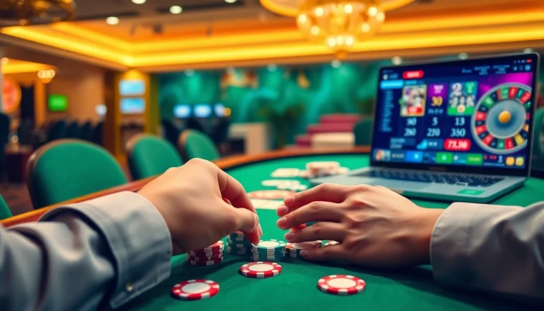 Engaging scene of rr88 đăng nhập at a vibrant casino with cards and chips.