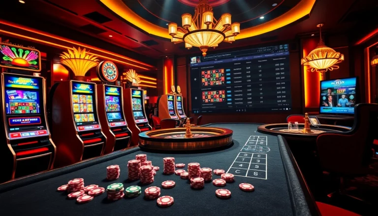 A thrilling casino scene with luxurious decor and exciting gaming activities at https://thabet.vegas/.