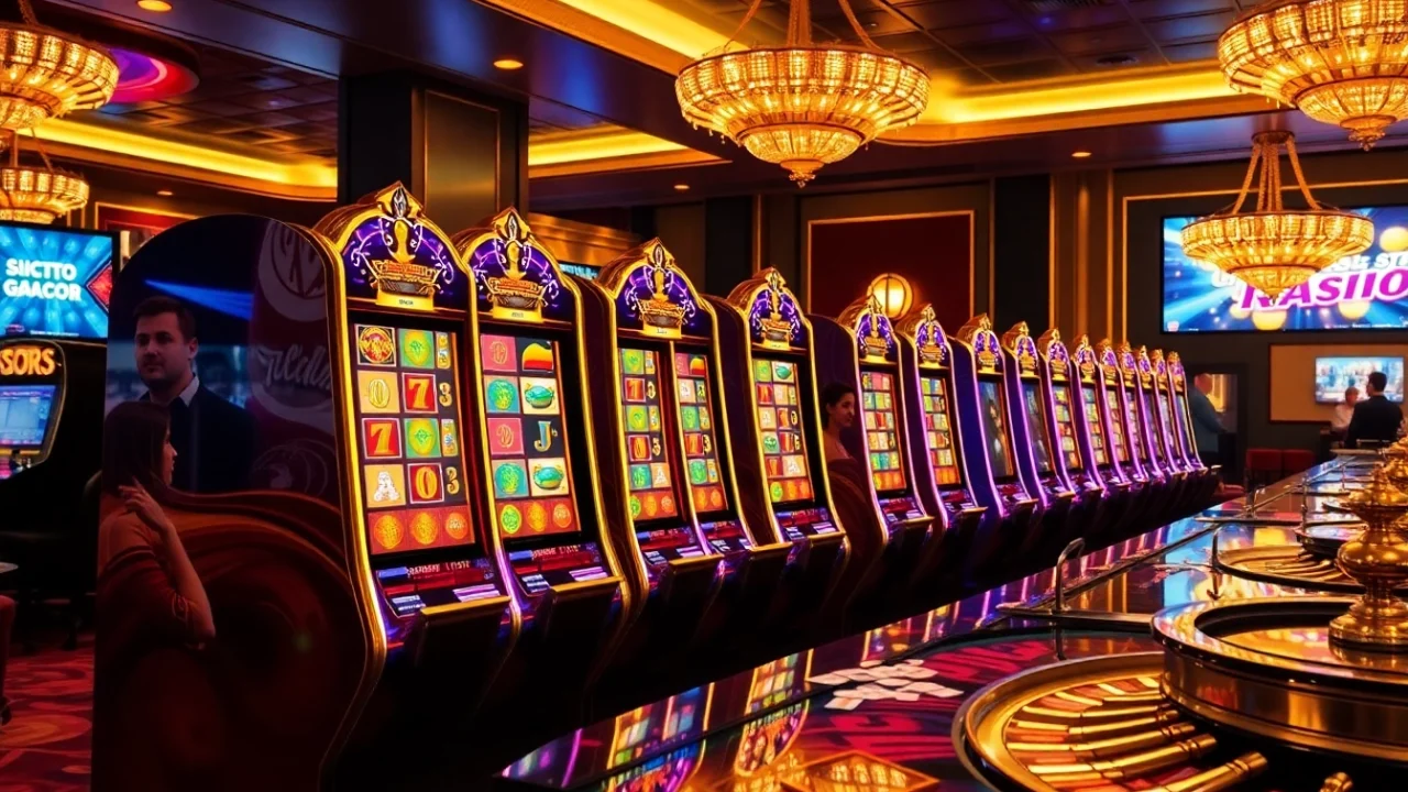Situs Slot Gacor showcasing an exciting scene in a luxurious casino with vibrant slot machines and joyful players.