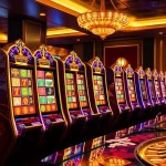 Situs Slot Gacor showcasing an exciting scene in a luxurious casino with vibrant slot machines and joyful players.