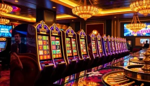 Situs Slot Gacor showcasing an exciting scene in a luxurious casino with vibrant slot machines and joyful players.