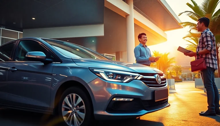 Car rental at Kuching International Airport, featuring a friendly agent handing over keys to a traveler.