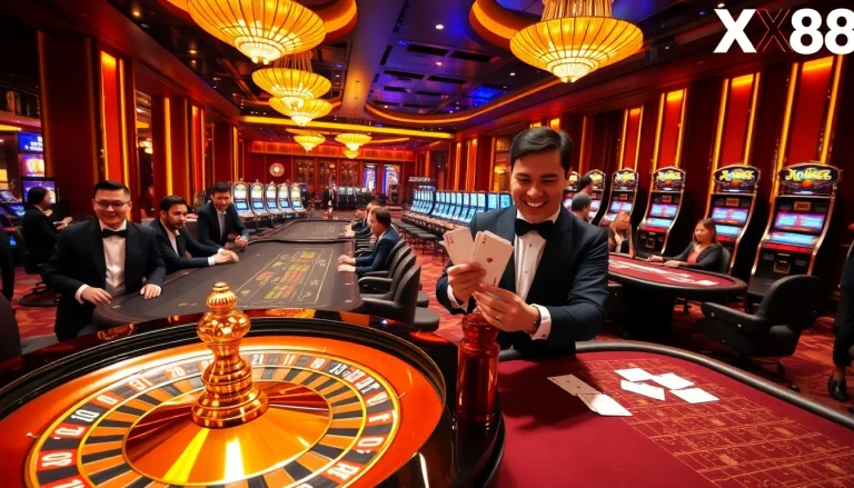 Exciting setup at Nhà cái xx88 casino with roulette wheel and poker players in action.