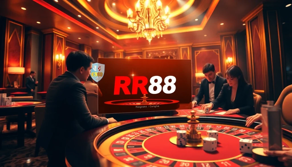 Players enjoying thrilling casino games at RR88, featuring a roulette wheel and poker table.
