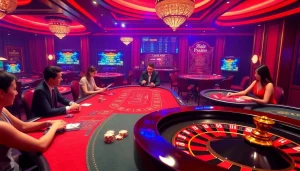 F168 casino scene showcasing players at a poker table with vibrant poker chips and a roulette wheel.