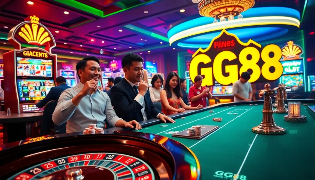 Experience the thrill of winning at GG88 with vibrant casino tables, poker chips, and roulette wheels.