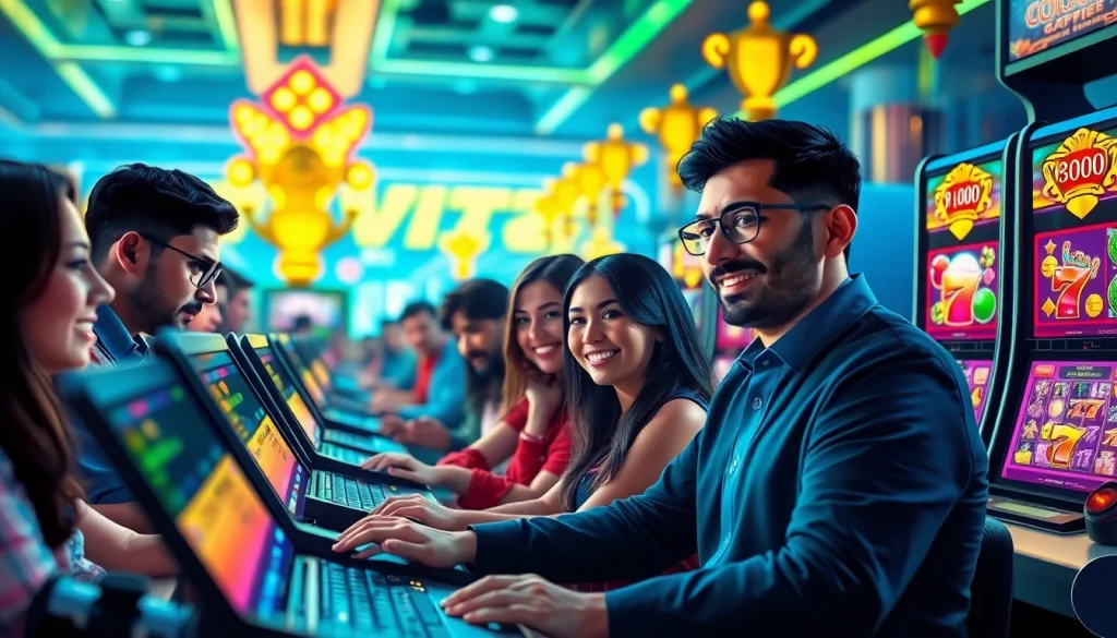 Exciting online gaming scene featuring diverse players enjoying Kode4d link slot games with a vibrant atmosphere.