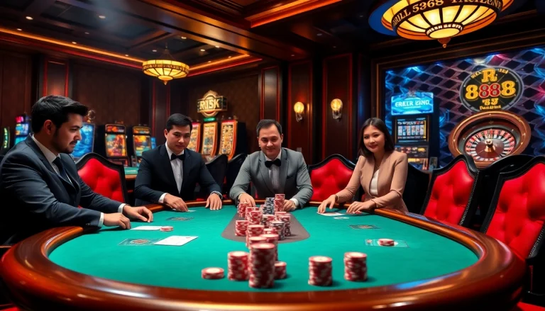 Experience high-stakes poker action at RR 88 casino, showcasing tension and excitement with vibrant chips and elite players.