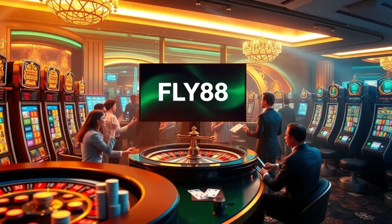 Experience the thrill of online gambling with the FLY88 link in a luxurious casino setting featuring vibrant slot machines and poker chips.