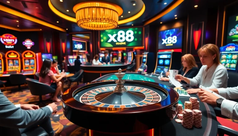 Experience the thrill of xin88 bet with players at a luxurious roulette table and vibrant casino ambiance.
