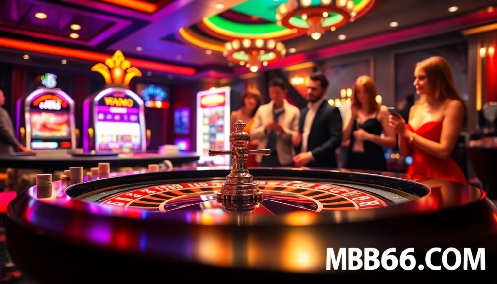 Experience the excitement at MB66.COM with players celebrating wins at a vibrant casino table.
