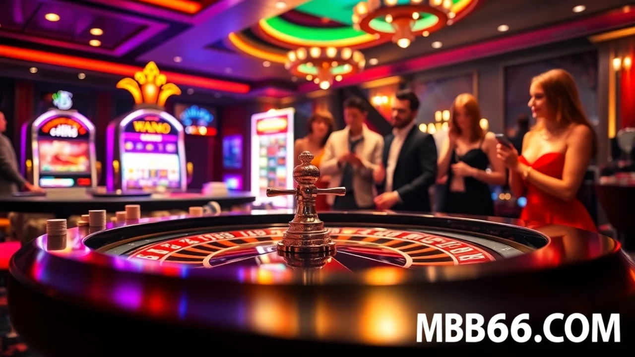 Experience the excitement at MB66.COM with players celebrating wins at a vibrant casino table.