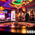 Experience the excitement at MB66.COM with players celebrating wins at a vibrant casino table.