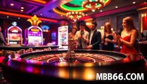 Experience the excitement at MB66.COM with players celebrating wins at a vibrant casino table.