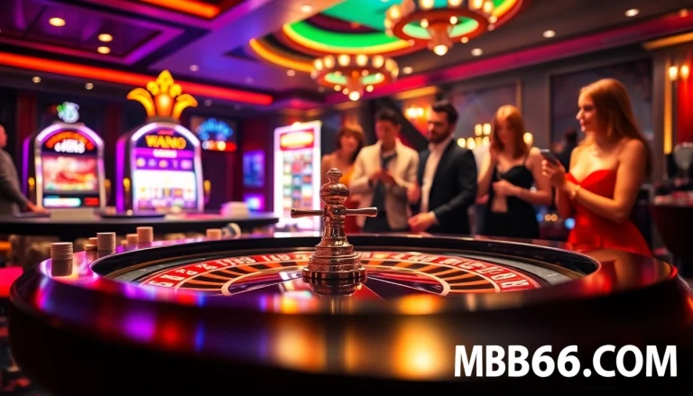 Experience the excitement at MB66.COM with players celebrating wins at a vibrant casino table.