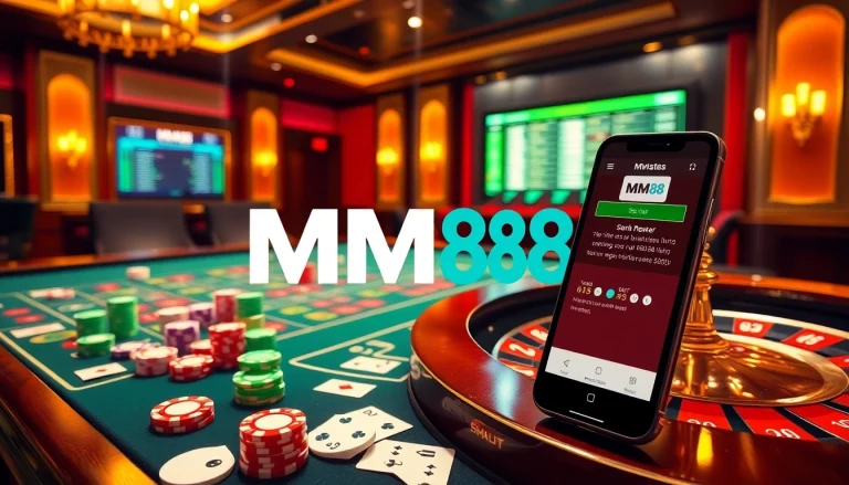 Experience the excitement at MM88 with vibrant poker chips, a roulette wheel, and the MM88 app in a dynamic casino scene.