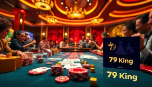 Experience the excitement of 79King with a vibrant casino table featuring cards and chips.