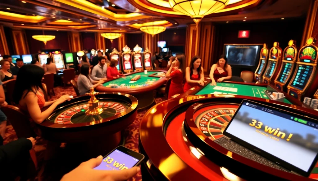Excited players placing bets at a luxurious casino roulette table featuring 33win 01 action.