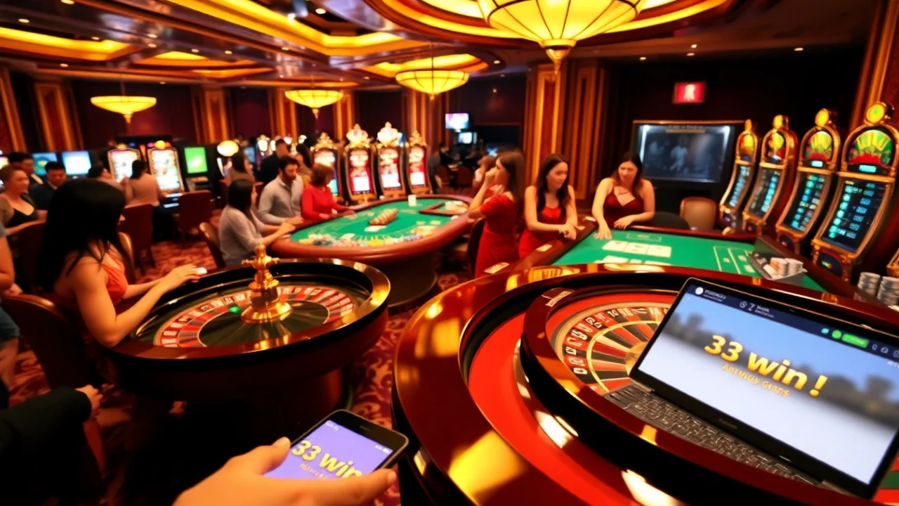 Excited players placing bets at a luxurious casino roulette table featuring 33win 01 action.