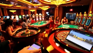 Excited players placing bets at a luxurious casino roulette table featuring 33win 01 action.