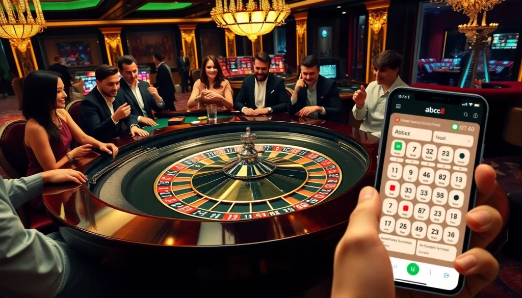 Excited players engaging with the abc8 casino app at a luxurious roulette table.