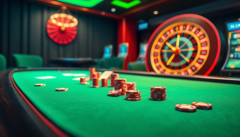 Exciting gambling moment at rr88 casino with poker table and roulette wheel.