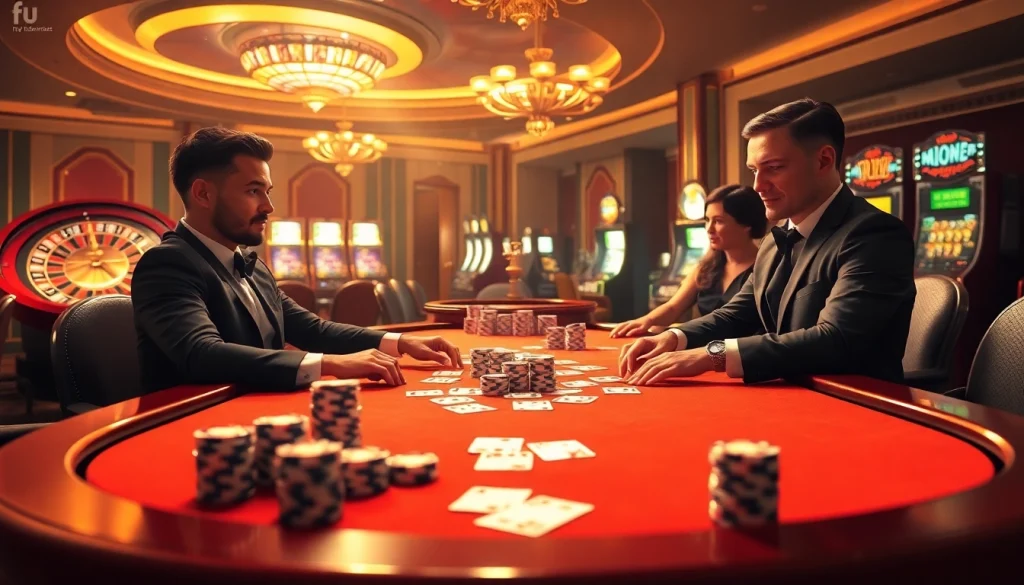 Experience the excitement of Game fun79 at a glamorous casino poker table with vibrant chips and cards.