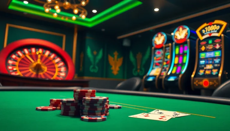 Experience the thrill of online gambling with Fb88, featuring a luxury casino scene with poker tables and roulette wheels.