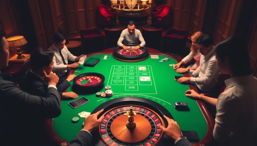 A dynamic casino experience at nhà cái PS99 with poker chips and a roulette wheel, illustrating thrilling gambling action.