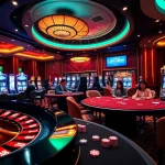 Exciting LIÊN MINH KJC casino scene with roulette, poker, and vibrant gaming atmosphere.
