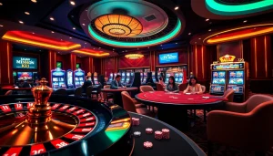 Exciting LIÊN MINH KJC casino scene with roulette, poker, and vibrant gaming atmosphere.