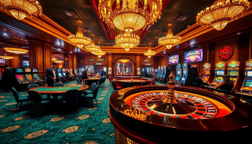 Experience the thrill of Game dh88 at a luxurious casino with roulette and poker tables bustling with players.
