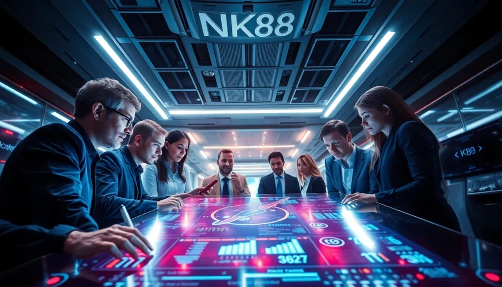 NK88 inspired technology meeting in a high-tech office setting, showcasing teamwork and innovation.