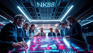 NK88 inspired technology meeting in a high-tech office setting, showcasing teamwork and innovation.
