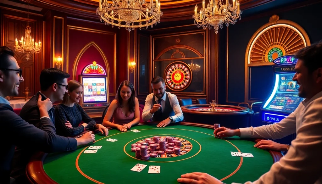 Experience high-stakes poker at rikvip with colorful chips and an elegant casino setting.